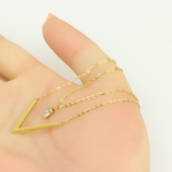 Yellow Gold Double Layer V Pendant Necklace, XPNL0359 - Picture 3 of 13